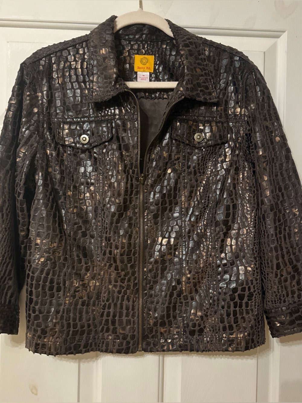 Ruby Rd. Croc-Embossed Metallic Brown Leather Jacket
